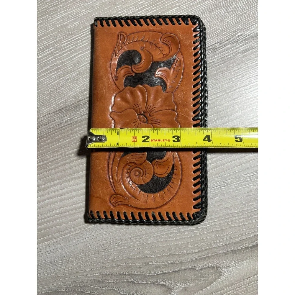 Vintage Hand Tooled Leather Checkbook Cover Western Floral Whipstitch Tan Black